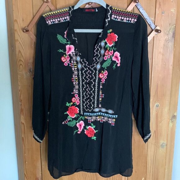 Johnny Was Tops - Johnny Was black embroidered floral ling sleeve cupra tunic top